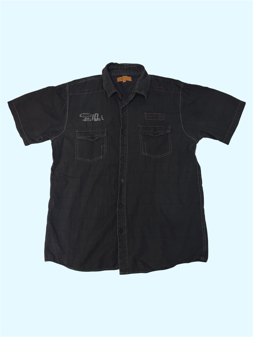 Y2K Oxygen Activewear Contrast Stitch Short Sleeve Button Down Faded Black Large